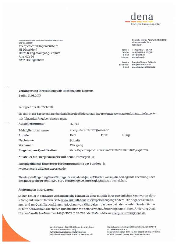 Bild von EnergieTechnik.NRW - Ing. Wolfgang Schmitz - Titel: DENA-Zulassung Bild von EnergieTechnik.NRW - Ing. Wolfgang Schmitz - Titel: DENA-Zulassung