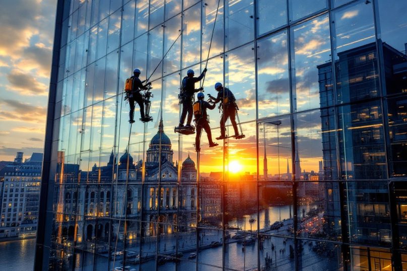 Seilzugtechnik erm&ouml;glicht eine gr&uuml;ndliche Reinigung auch an schwer zug&auml;nglichen Geb&auml;udefassaden. Diese Methode wird in Hamburg h&auml;ufig bei hohen Glasfassaden und schwierigen H&ouml;hen eingesetzt, um eine effiziente und sichere Reinigung zu gew&auml;hrleisten.